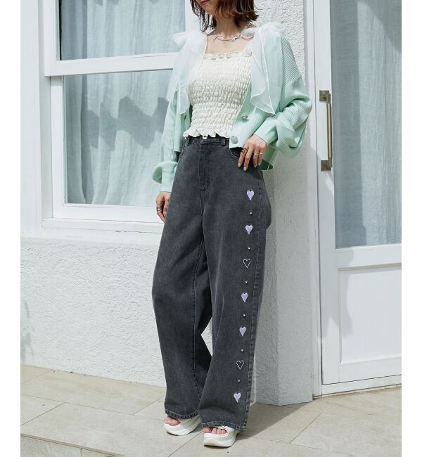  「リボンビジューデニムパンツ」|デニム|