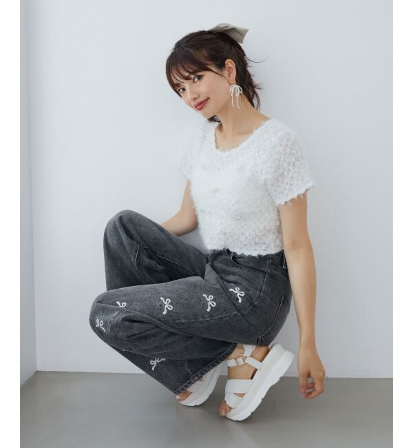  「リボンビジューデニムパンツ」|デニム|