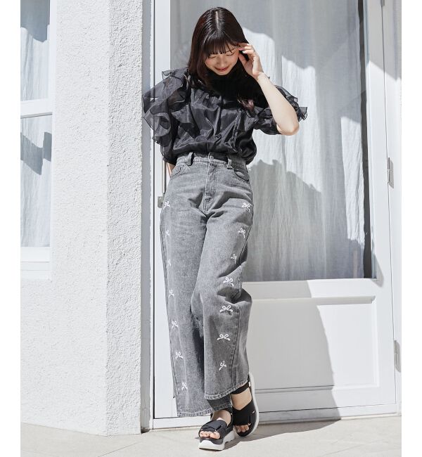  「リボンビジューデニムパンツ」|デニム|