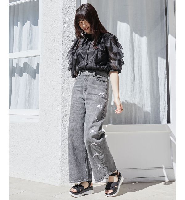  「リボンビジューデニムパンツ」|デニム|