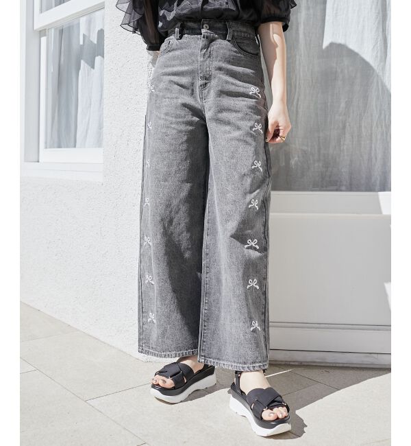  「リボンビジューデニムパンツ」|デニム|