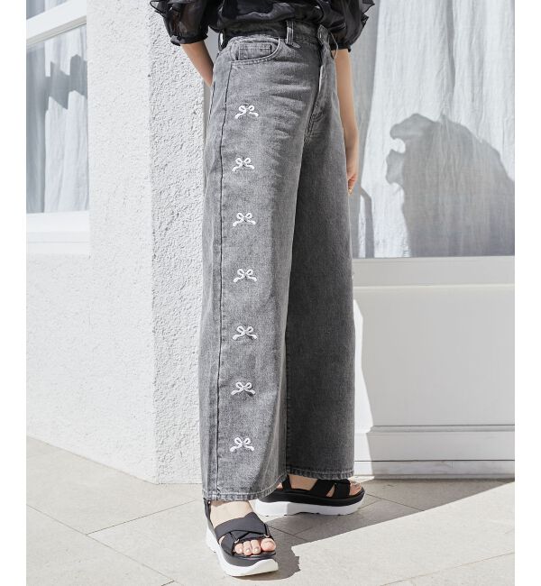  「リボンビジューデニムパンツ」|デニム|