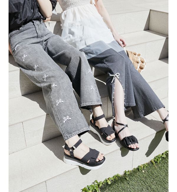  「リボンビジューデニムパンツ」|デニム|