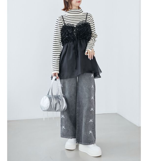  「リボンビジューデニムパンツ」|デニム|