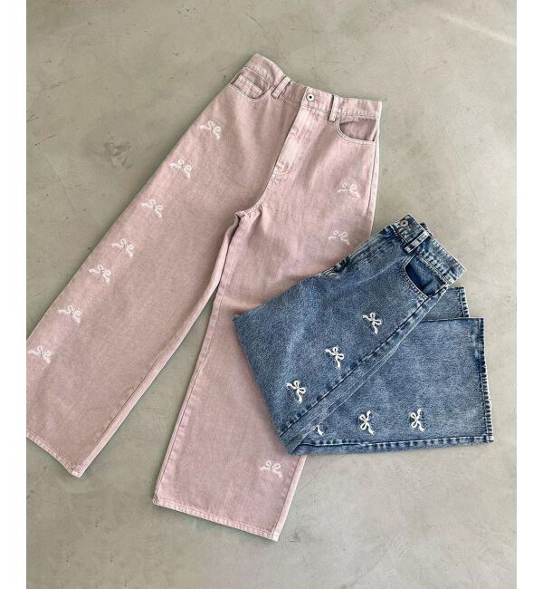  「リボンビジューデニムパンツ」|デニム|