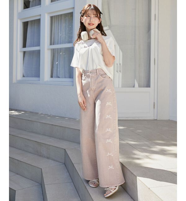  「リボンビジューデニムパンツ」|デニム|