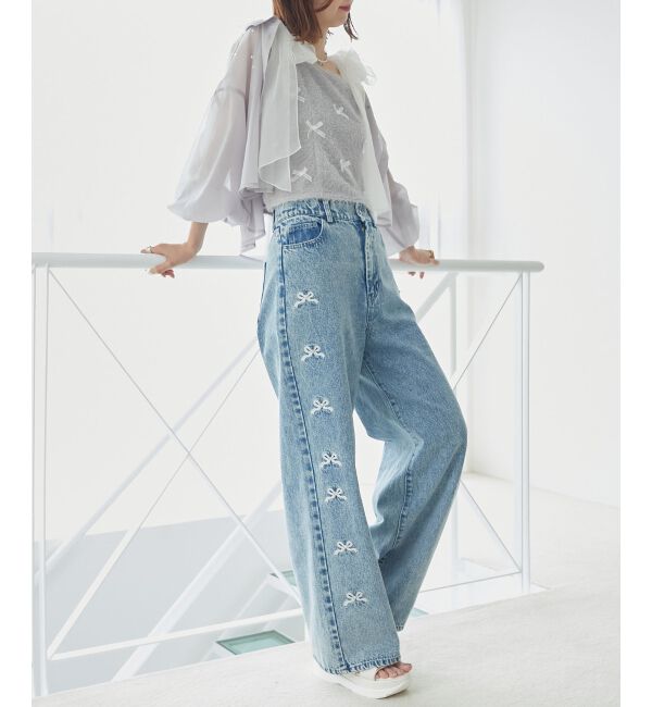  「リボンビジューデニムパンツ」|デニム|