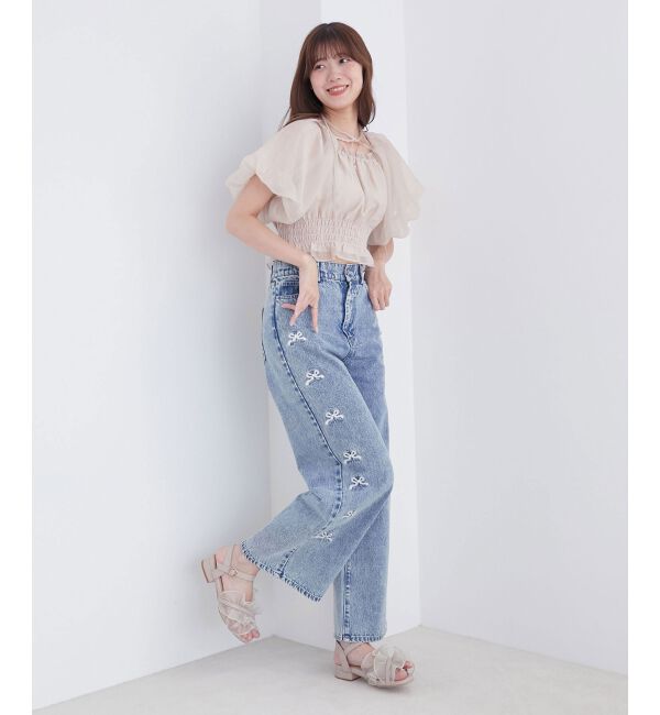  「リボンビジューデニムパンツ」|デニム|