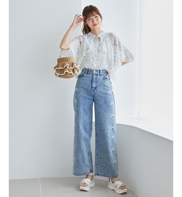  「リボンビジューデニムパンツ」|デニム|