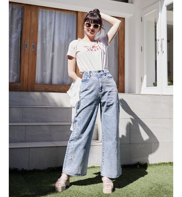  「リボンビジューデニムパンツ」|デニム|