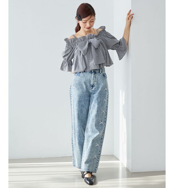  「リボンビジューデニムパンツ」|デニム|