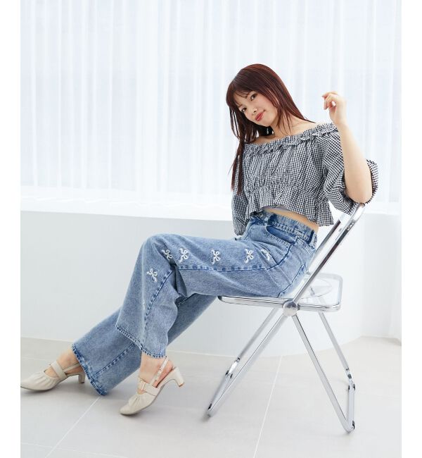  「リボンビジューデニムパンツ」|デニム|