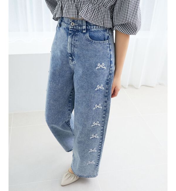  「リボンビジューデニムパンツ」|デニム|