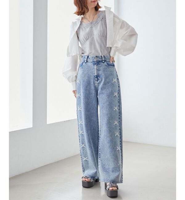  「リボンビジューデニムパンツ」|デニム|
