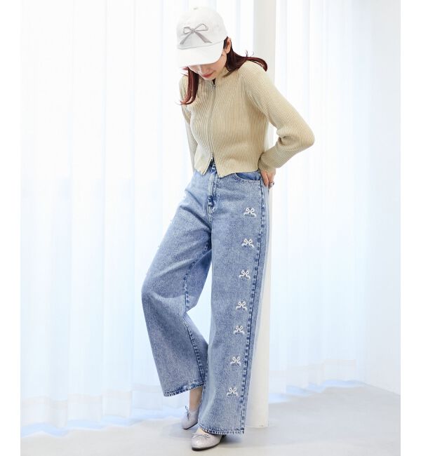  「リボンビジューデニムパンツ」|デニム|