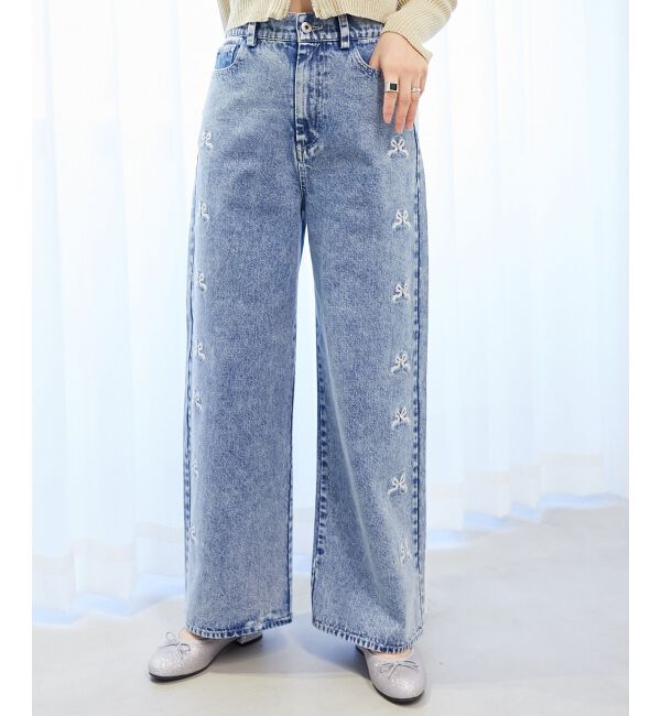  「リボンビジューデニムパンツ」|デニム|