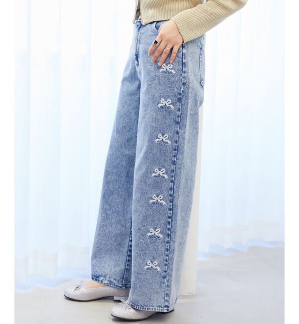  「リボンビジューデニムパンツ」|デニム|