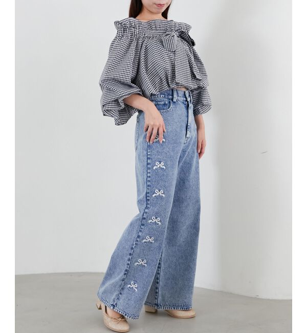  「リボンビジューデニムパンツ」|デニム|
