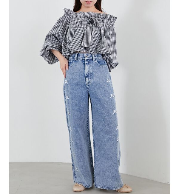  「リボンビジューデニムパンツ」|デニム|