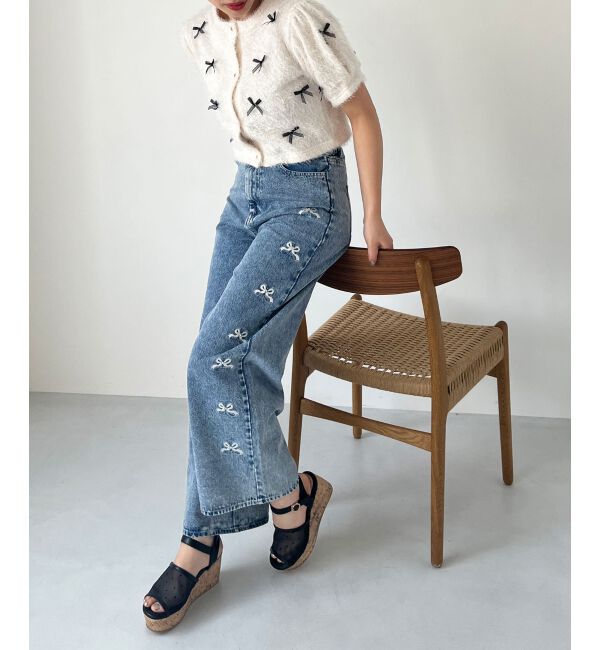  「リボンビジューデニムパンツ」|デニム|