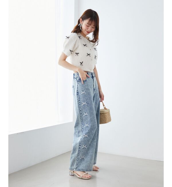  「リボンビジューデニムパンツ」|デニム|
