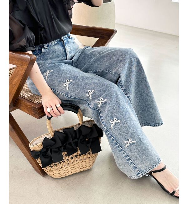  「リボンビジューデニムパンツ」|デニム|