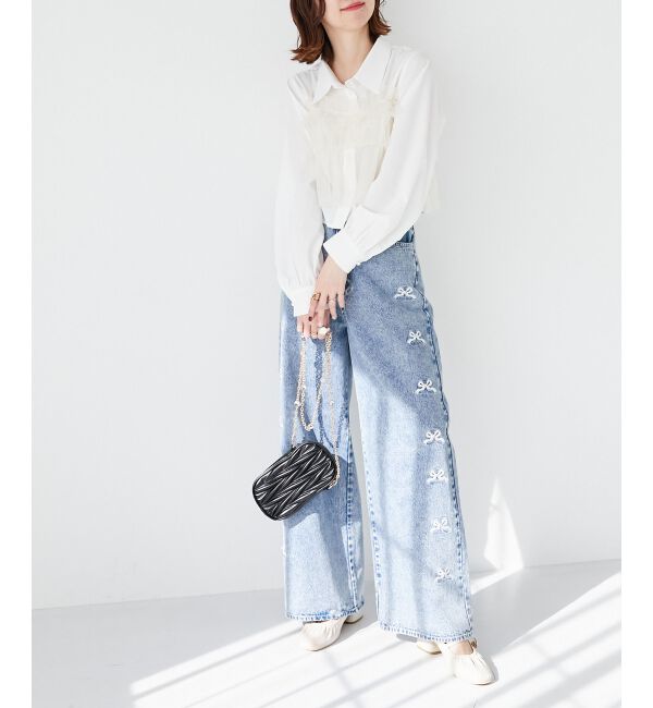  「リボンビジューデニムパンツ」|デニム|
