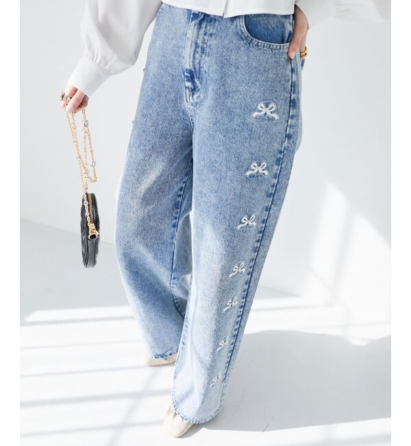  「リボンビジューデニムパンツ」|デニム|