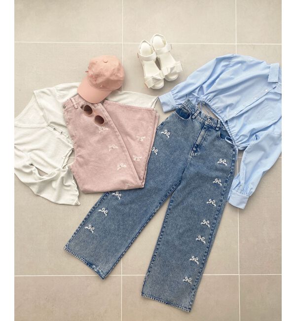  「リボンビジューデニムパンツ」|デニム|