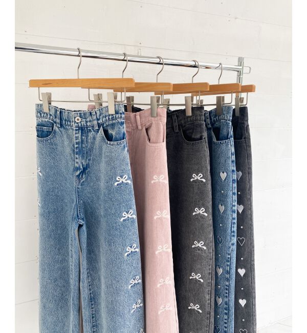  「リボンビジューデニムパンツ」|デニム|