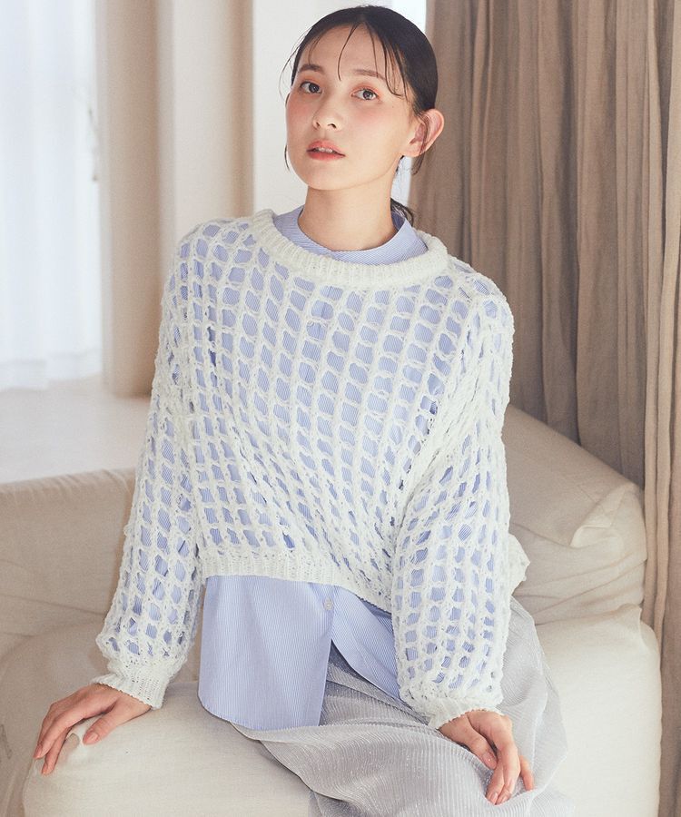 earth music&ecology「チュールヤーンメッシュニットプルオーバー」|ニット・セーター|Ivory