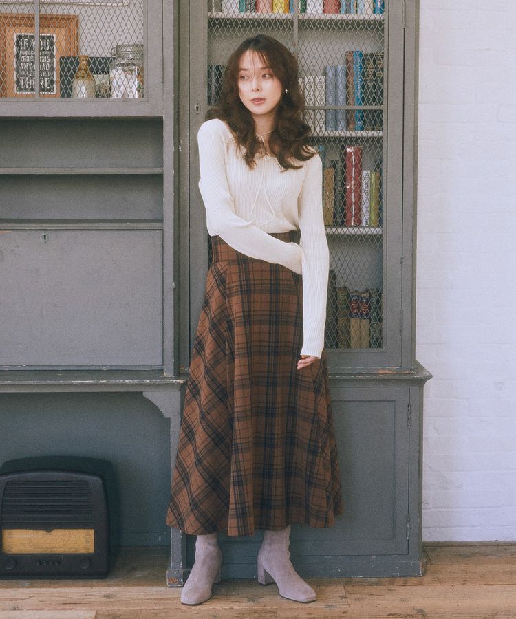 earth music&ecology「バックレースアップチェックスカート」|フレア|
