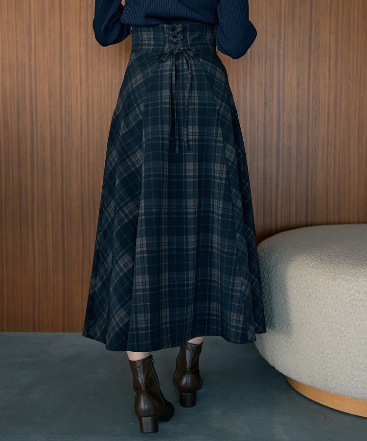 earth music&ecology「バックレースアップチェックスカート」|フレア|Navy