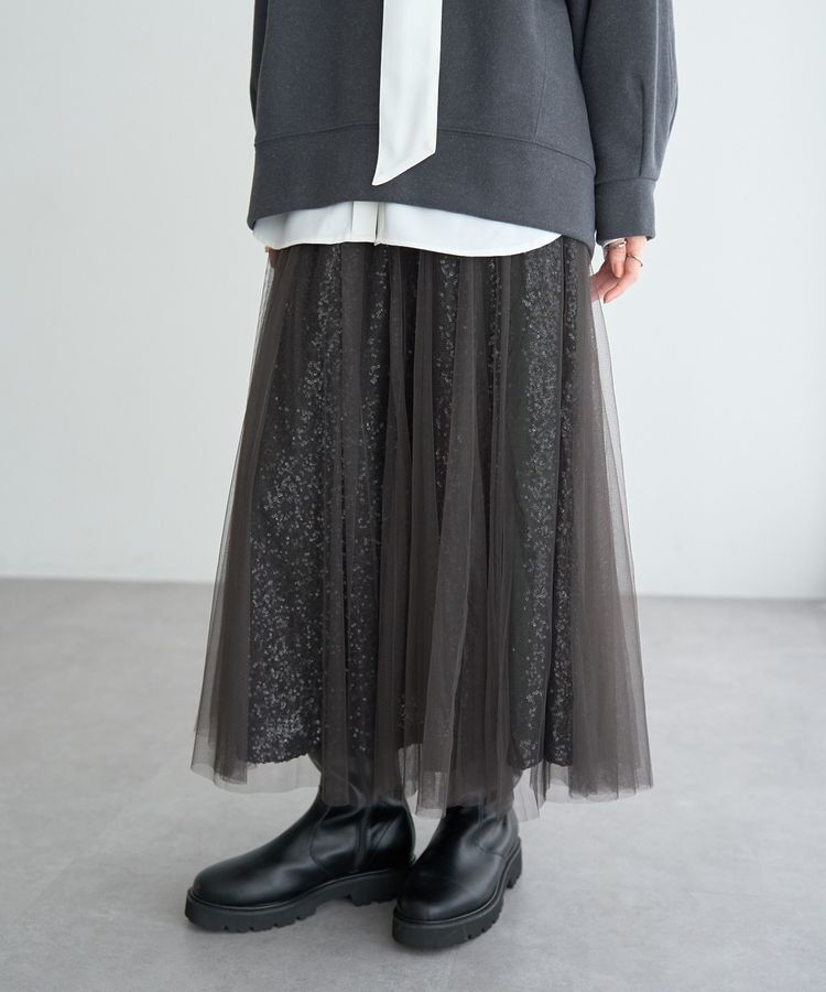YECCA VECCA「スパンコール&times;チュールスカート」|フレア|Charcoal Gray