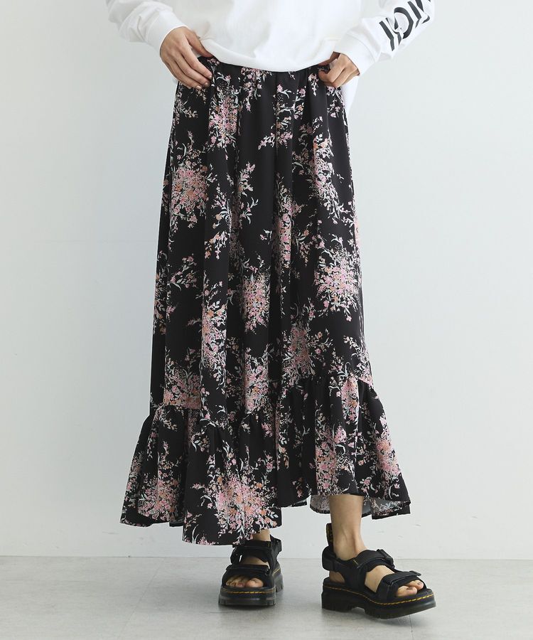 GARAGE OF GOOD CLOTHING「【日本製】ピーチファイユフラワープリント裾フリルスカート」|フレア|