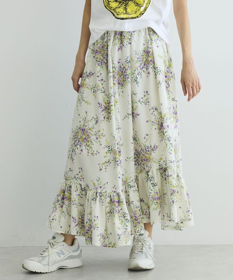 GARAGE OF GOOD CLOTHING「【日本製】ピーチファイユフラワープリント裾フリルスカート」|フレア|