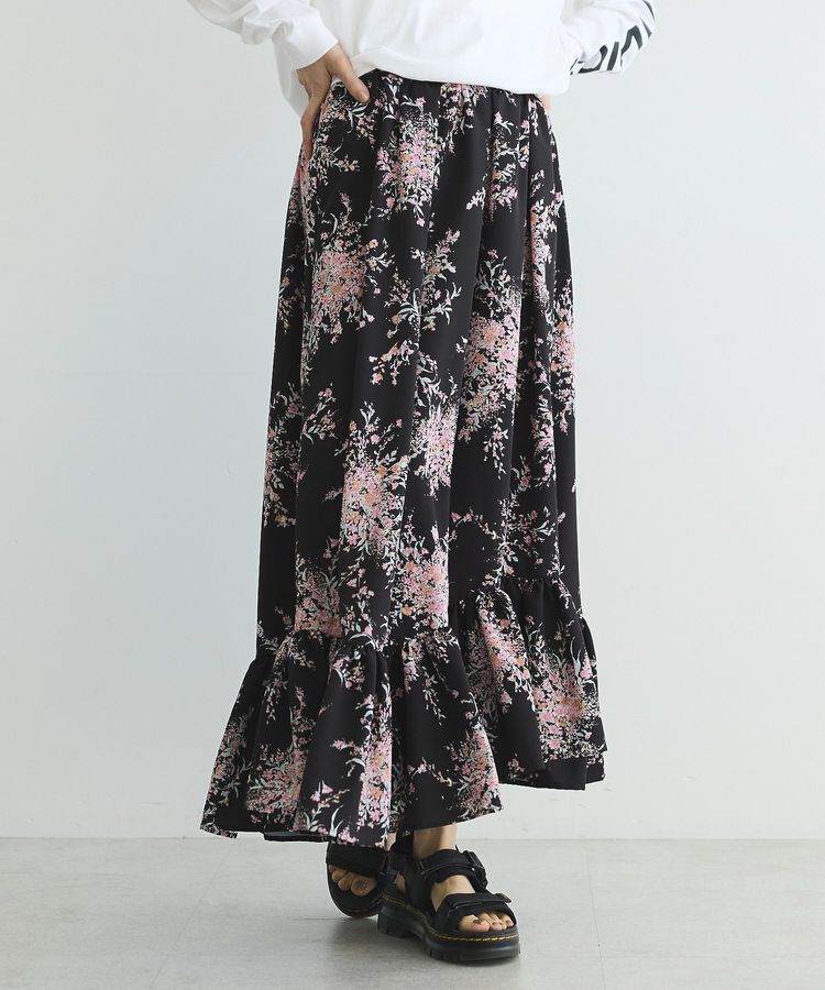 GARAGE OF GOOD CLOTHING「【日本製】ピーチファイユフラワープリント裾フリルスカート」|フレア|