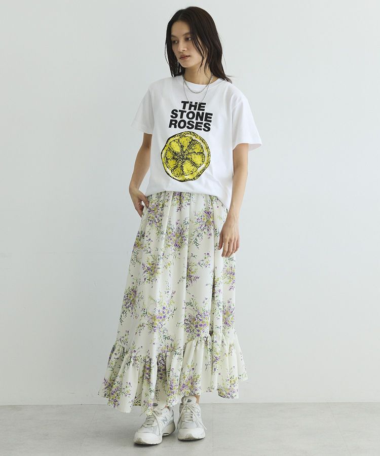 GARAGE OF GOOD CLOTHING「【日本製】ピーチファイユフラワープリント裾フリルスカート」|フレア|