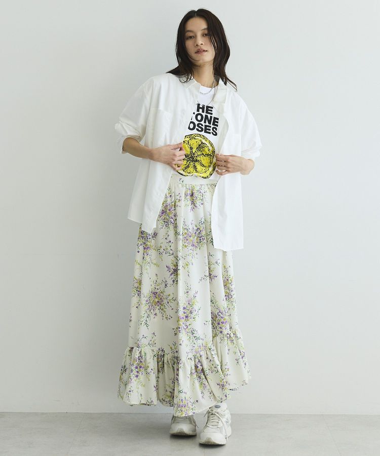 GARAGE OF GOOD CLOTHING「【日本製】ピーチファイユフラワープリント裾フリルスカート」|フレア|