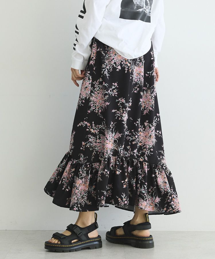 GARAGE OF GOOD CLOTHING「【日本製】ピーチファイユフラワープリント裾フリルスカート」|フレア|