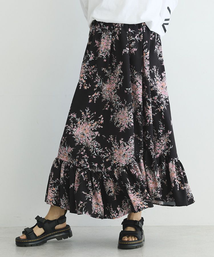 GARAGE OF GOOD CLOTHING「【日本製】ピーチファイユフラワープリント裾フリルスカート」|フレア|Black