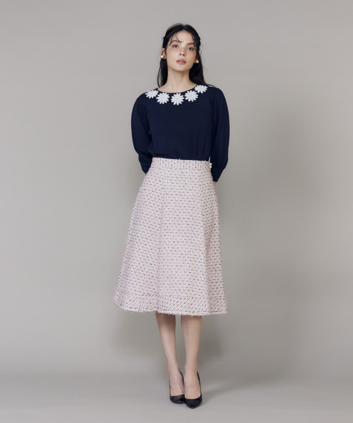 Maglie le cassetto「《大きいサイズ》フリンジツイードスカート《M Maglie le cassetto》」|フレア|