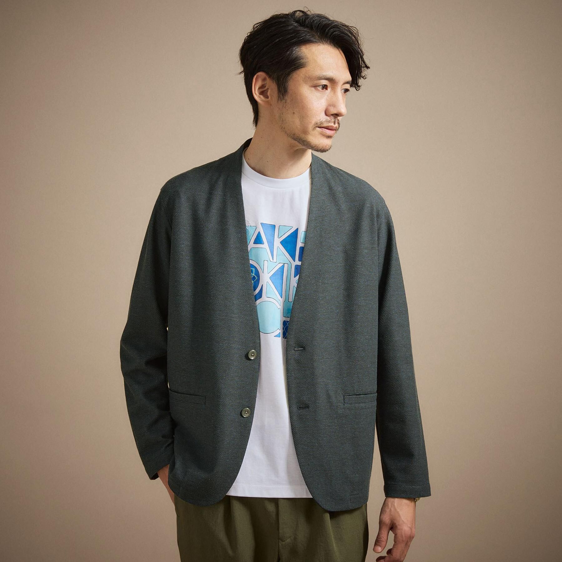 TAKEO KIKUCHI「【抗菌防臭】バーズアイメッシュノーカラージャケット」|ノーカラージャケット|ブルー(093)