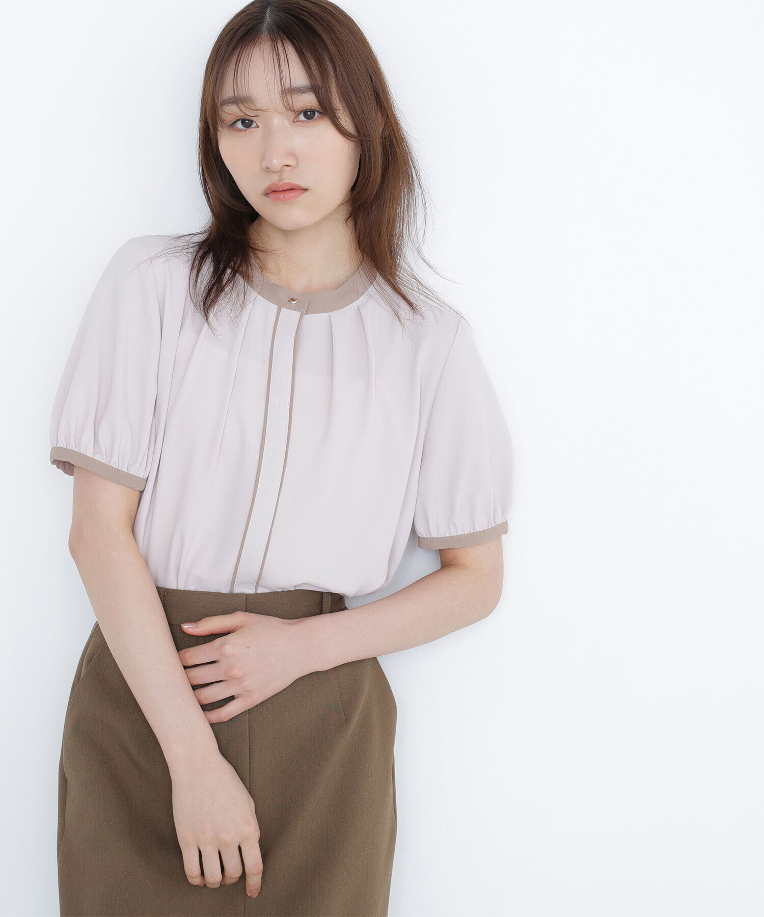  「バイカラートリミングブラウス」|シャツ・ブラウス|ピンクベージ 2