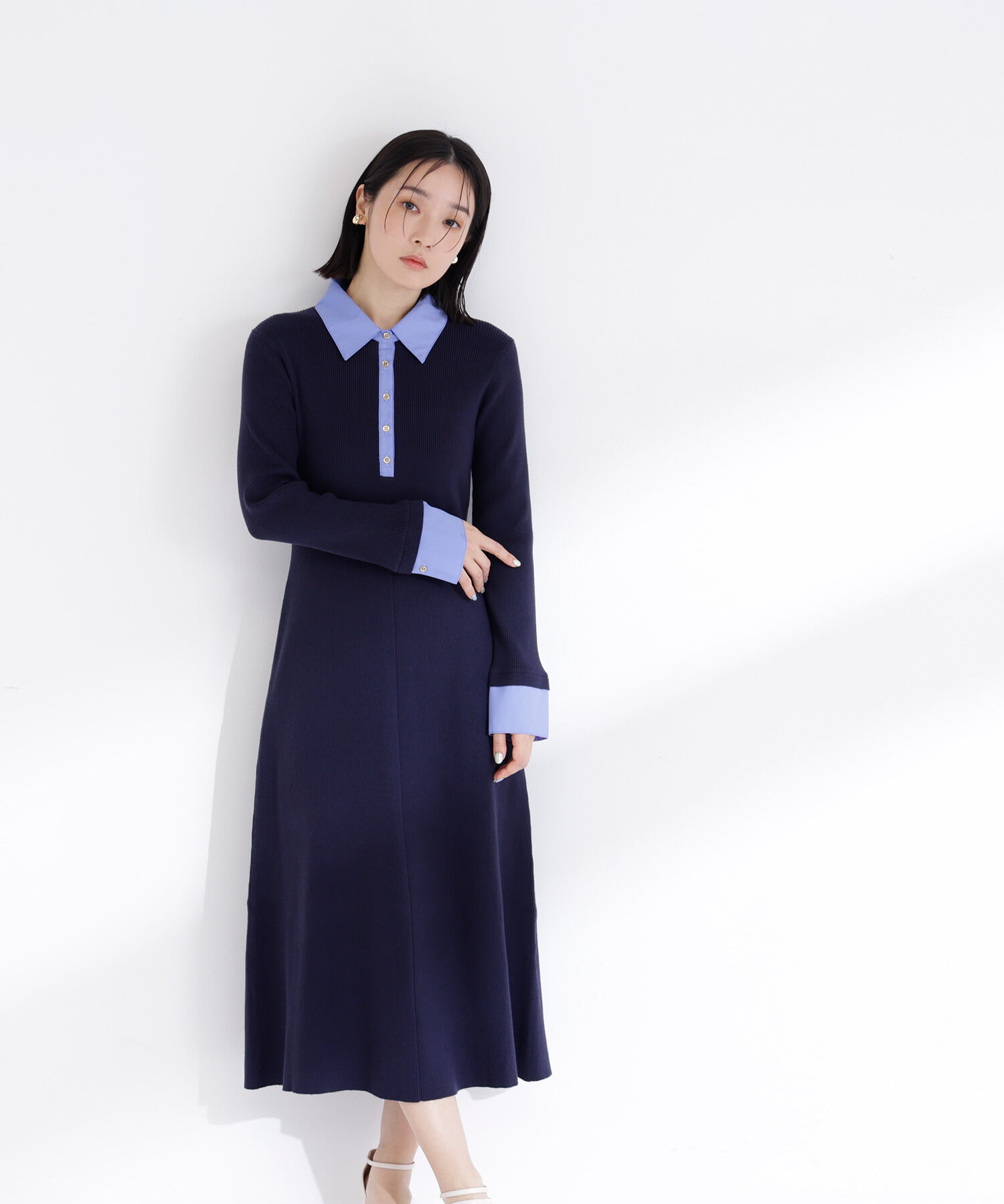  「襟付リブニットワンピース」|ワンピース|
