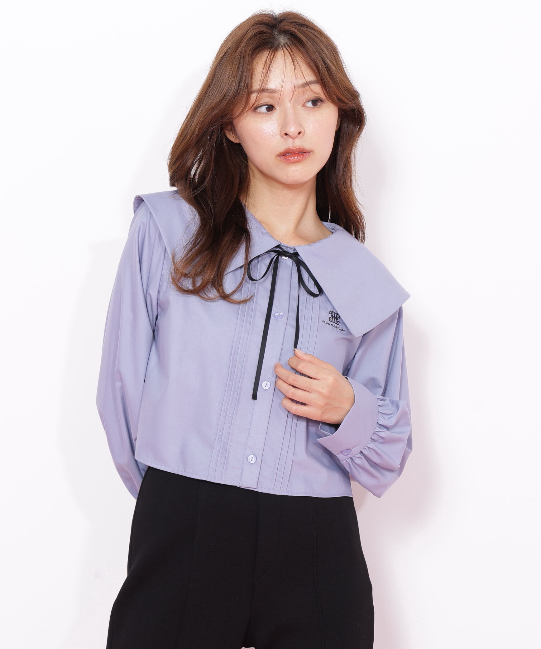  「ビッグカラー短丈ブラウス」|シャツ・ブラウス|ブルー