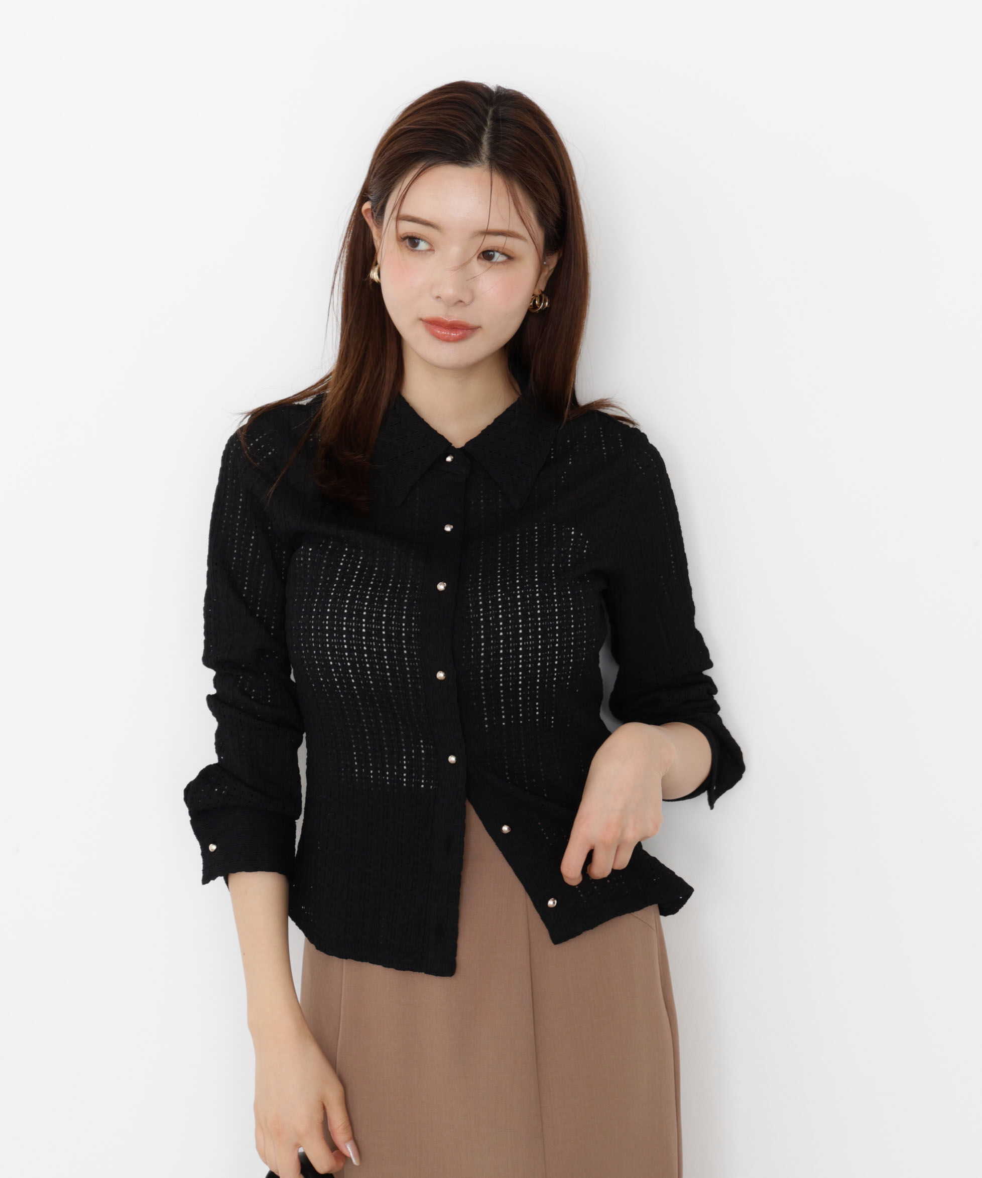 PROPORTION BODY DRESSING「＜ハンドウォッシャブル＞アイレットレースシャツ 25AW」|Tシャツ・カットソー|ブラック