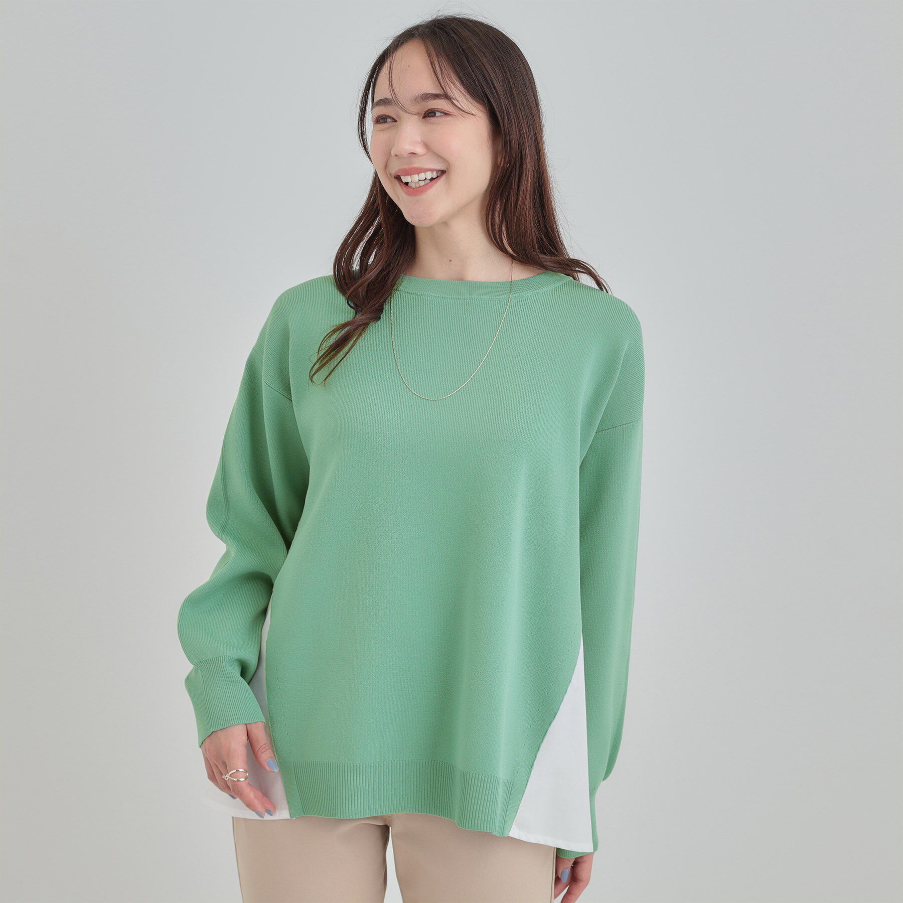 SHOO･LA･RUE「【洗濯機可/S-LL/体型カバー/Aライン】横姿もきれい見え スポンディッシュ サイドフェイクトップ」|ニット・セーター|