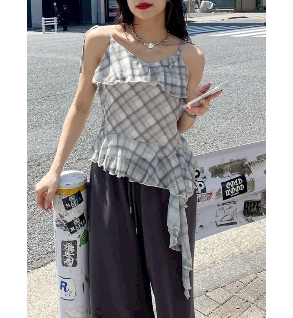 EVRIS「チェックシフォントップス」|キャミソール|イエロー