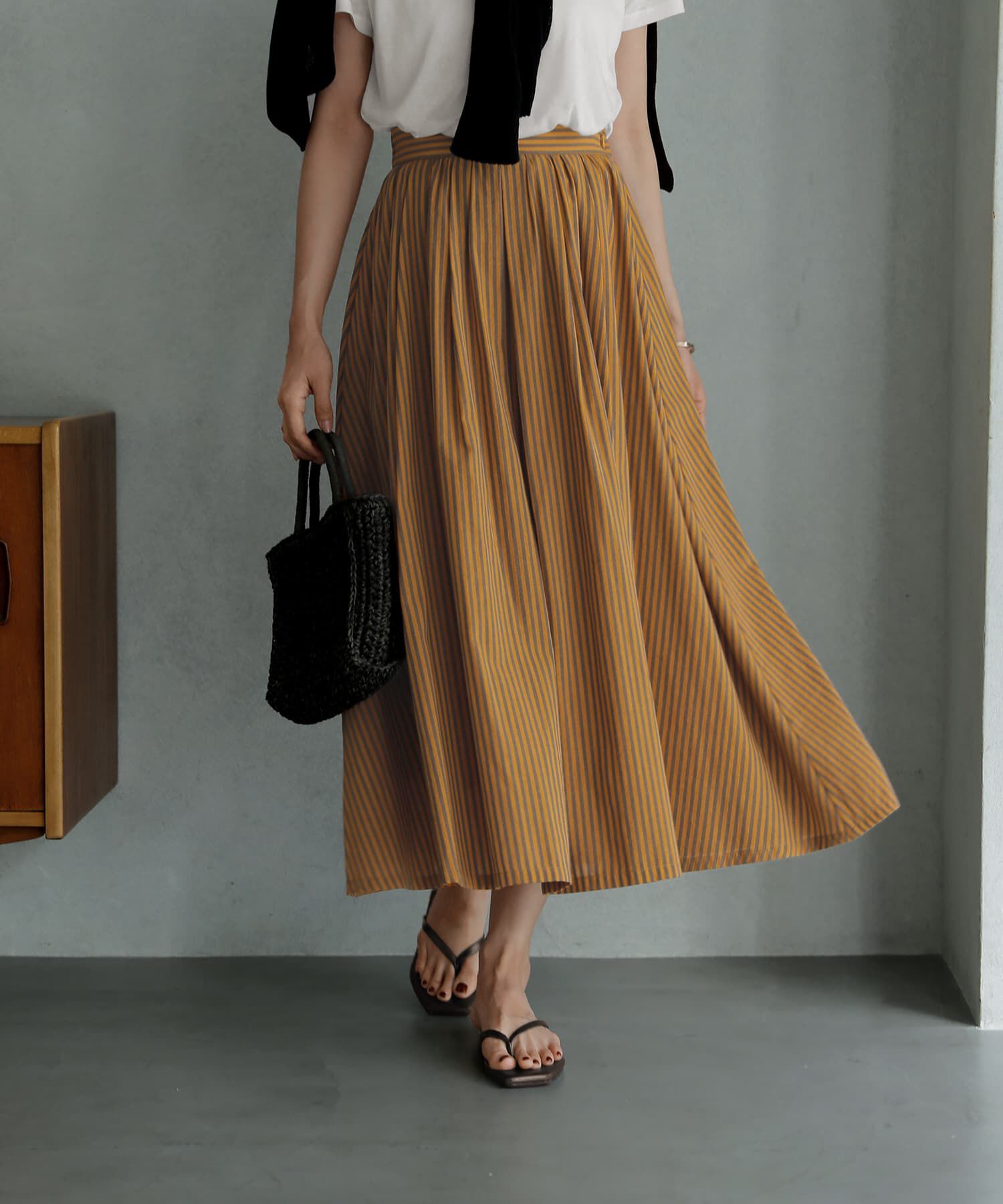 STYLE DELI「カラーナチュラルストライプ織りスカート」|スカート|マスタード